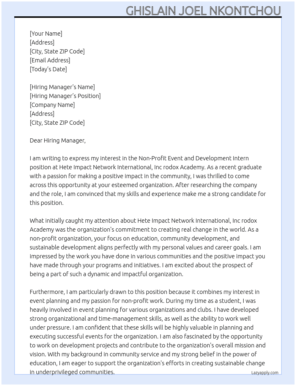Non-Profit Event and Development Intern At Hete Impact Network International, Inc rodox Academy Cover Letter