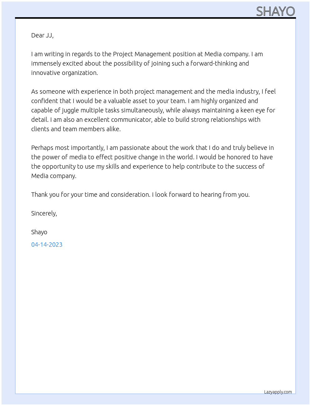 Project Management At Media company Cover Letter