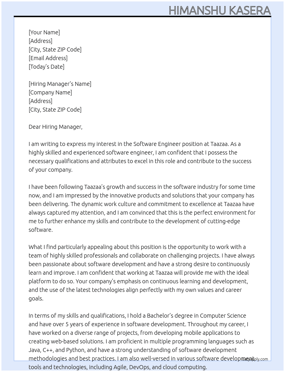 Software Engineer At  Taazaa Cover Letter