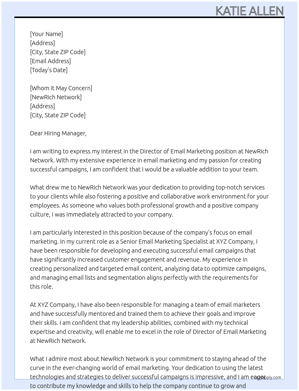 Director of Email Marketing At NewRich Network Cover Letter