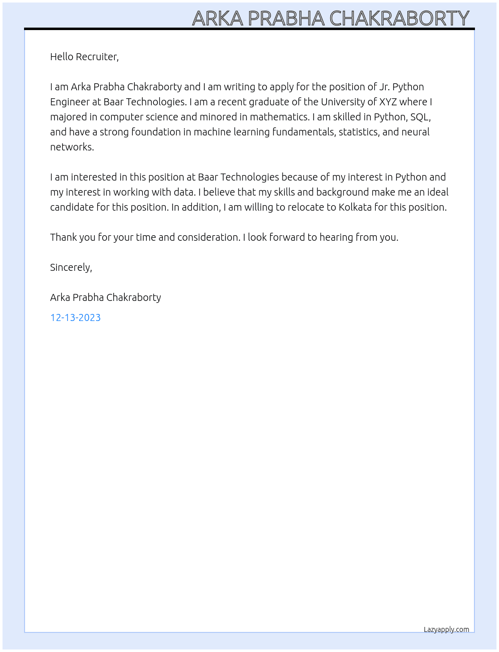 Jr python engineer  At Baar Technologies  Cover Letter