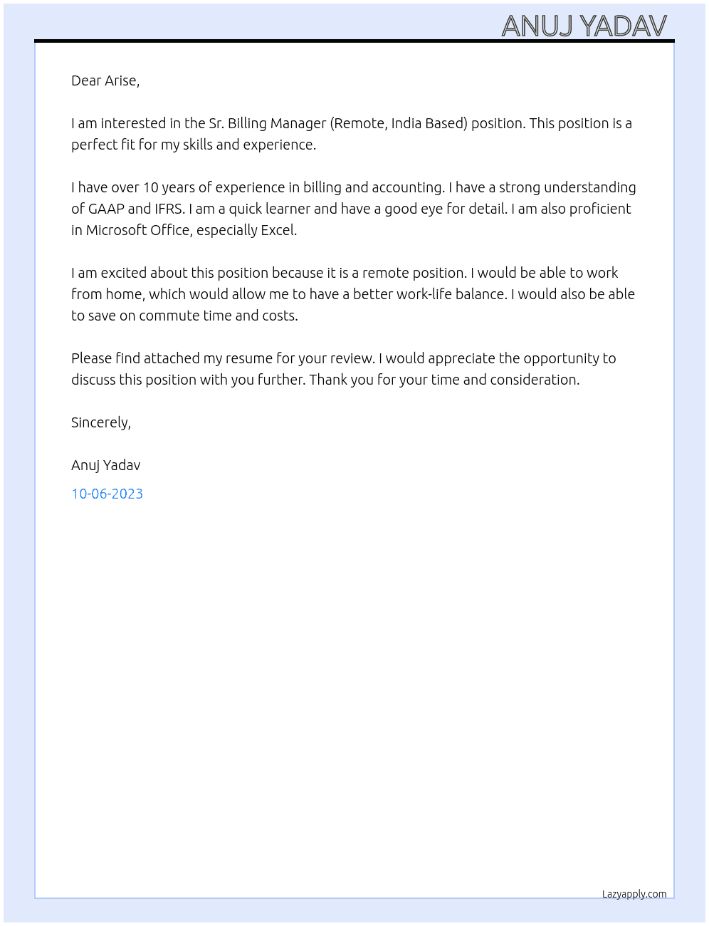 Sr. Billing Manager (Remote, India Based) At Arise Cover Letter