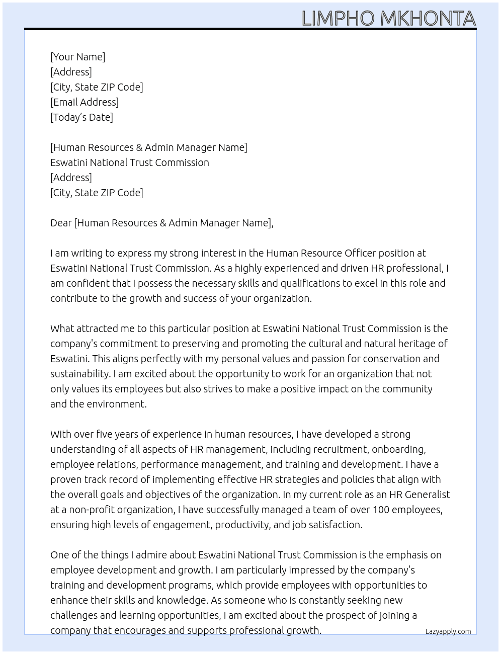 Human Resource Officer At Eswatini National Trust Commission Cover Letter