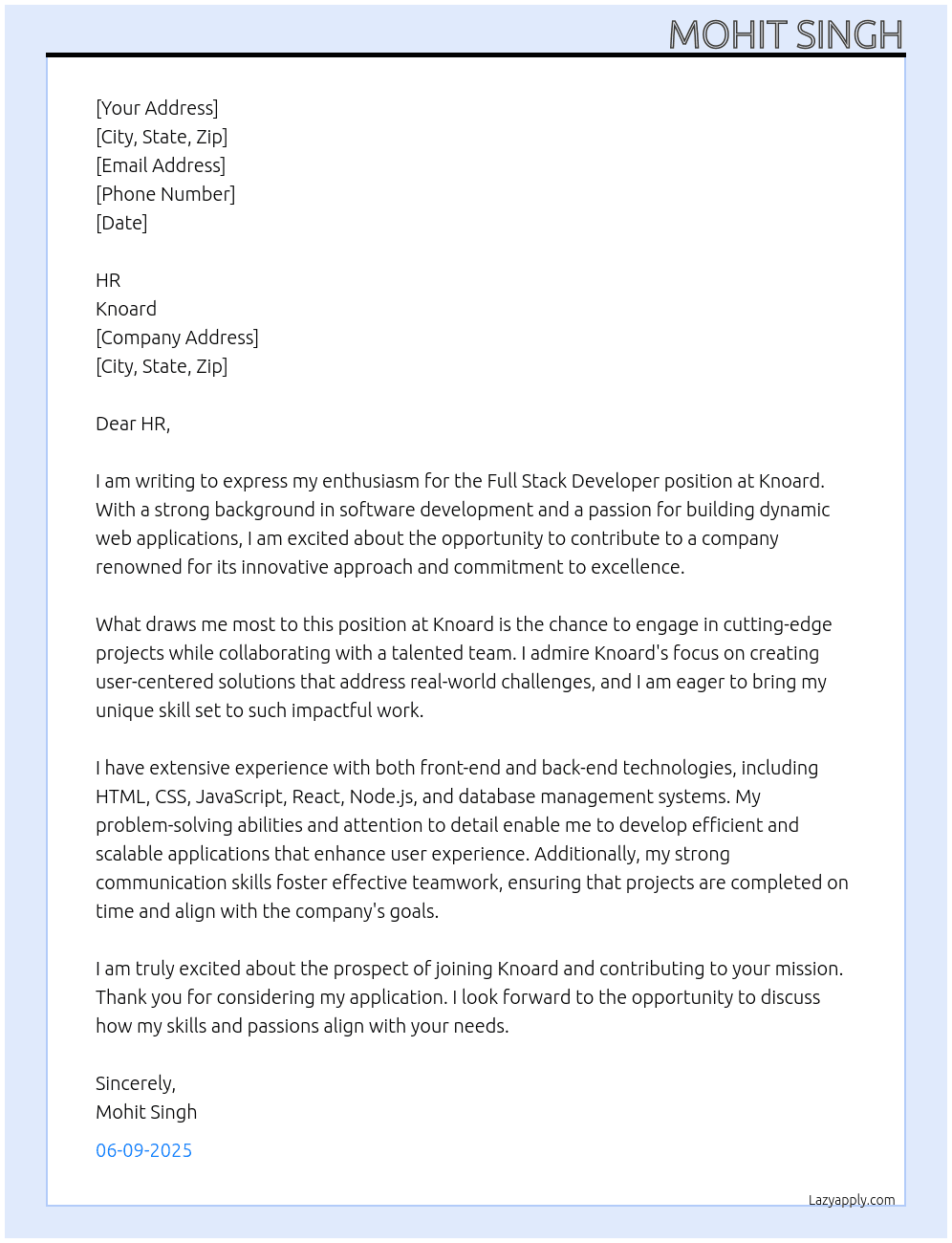 full stack developer At knoard Cover Letter