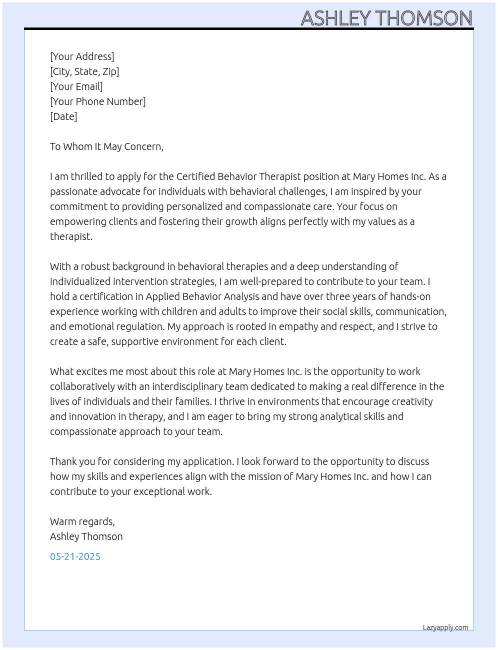 Certified Behaviour Therapist At Mary Homes Inc Cover Letter