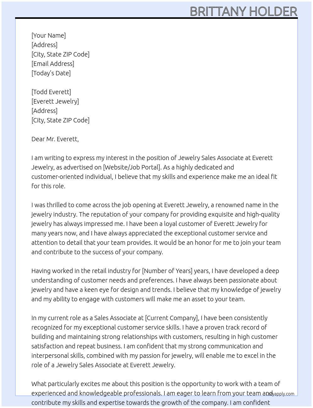 Jewelry Sales Associate At Everett Jewelry  Cover Letter
