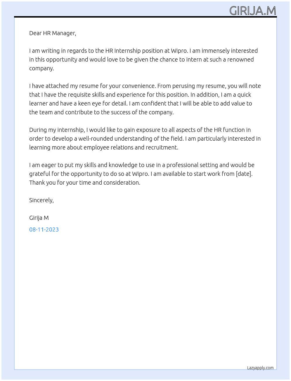 HR Internship At Wipro Cover Letter
