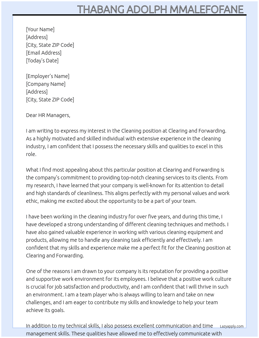 Cleaning  At Clearing and forwarding  Cover Letter