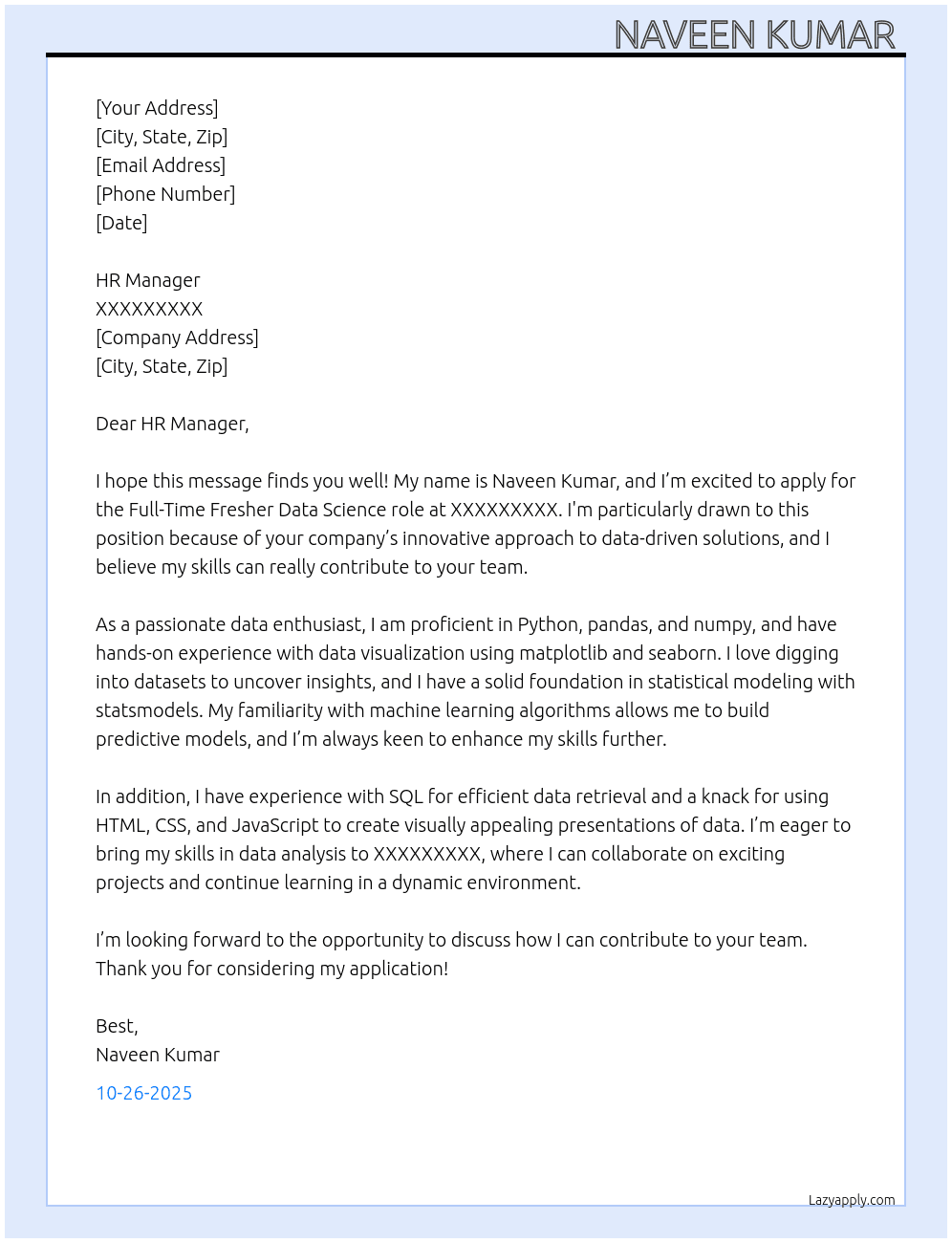 Data Scinece  At XXXXXXXXX Cover Letter