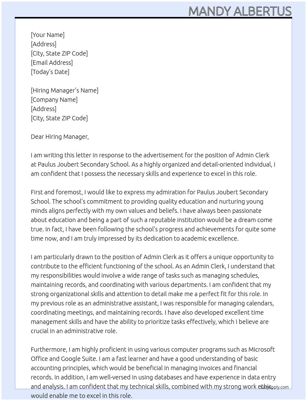Admin Clerk At Paulus Joubert Secondary School Cover Letter