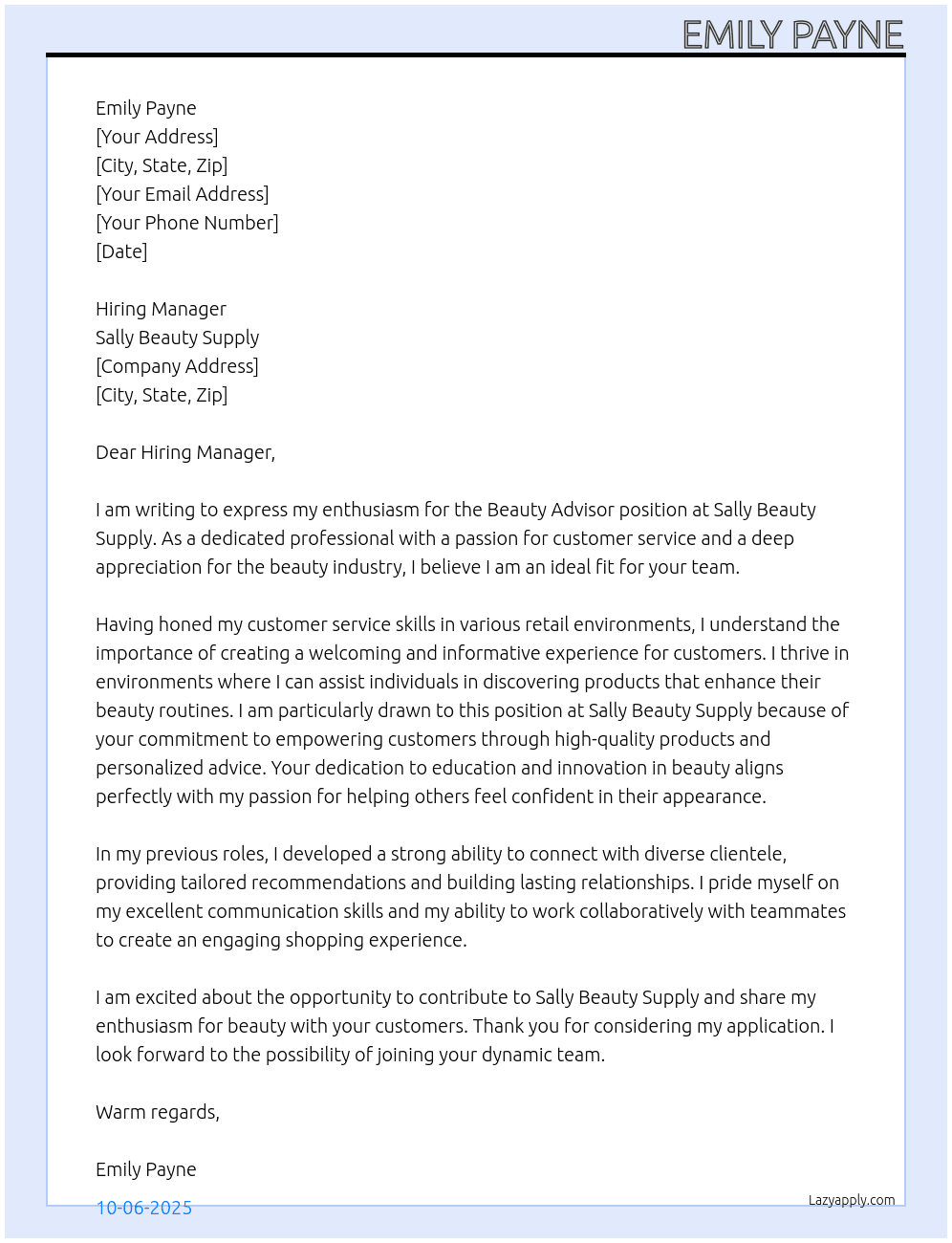 Beauty Advisor At Sally Beauty Supply Cover Letter