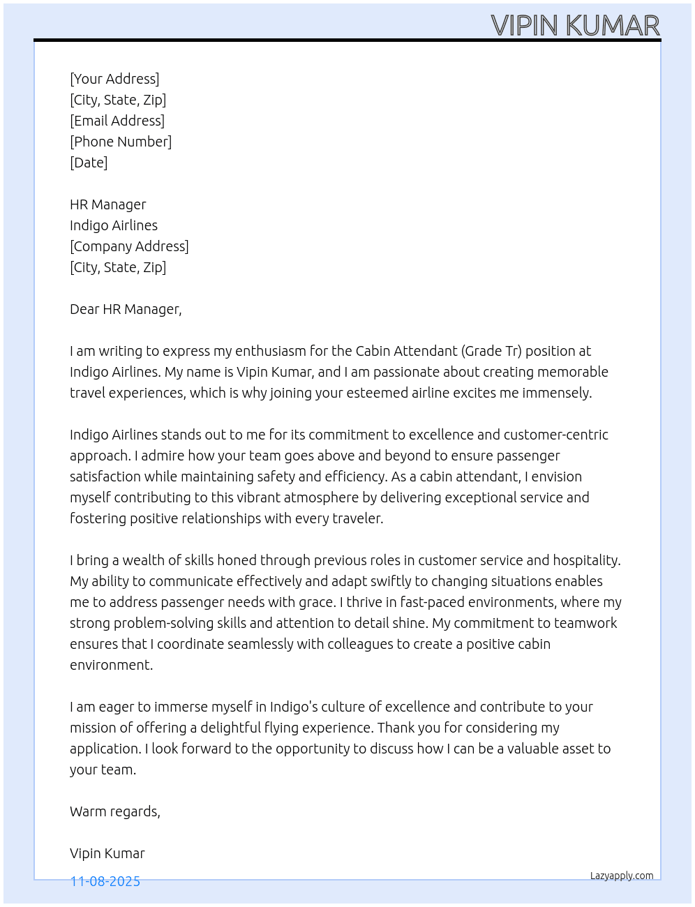 Cabbin attendant grade (Tr) At Indigo airline  Cover Letter