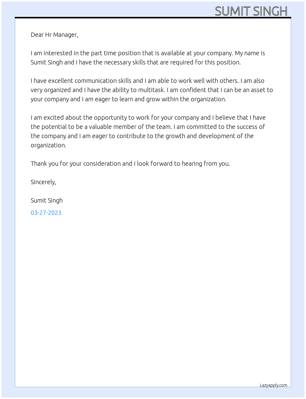 Part time  At Recruiter  Cover Letter