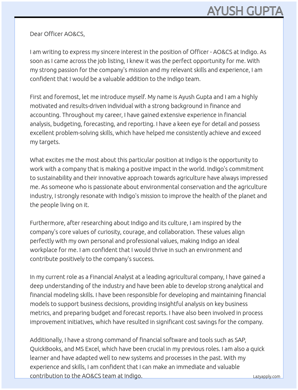 Officer - AO&CS At Indigo Cover Letter