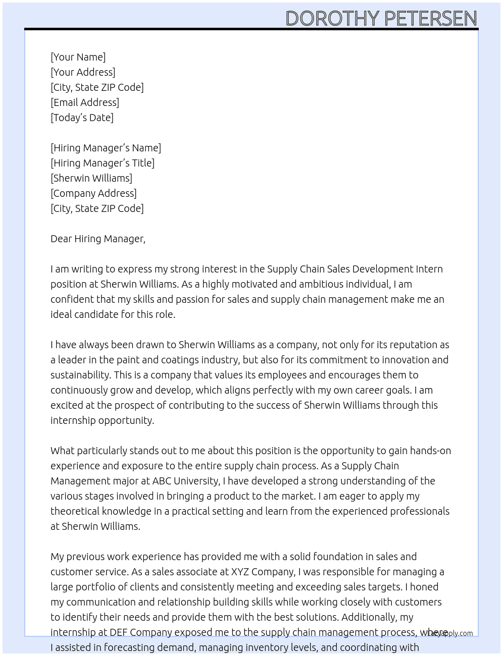 Supply chain sales development intern At Sherwin Williams  Cover Letter