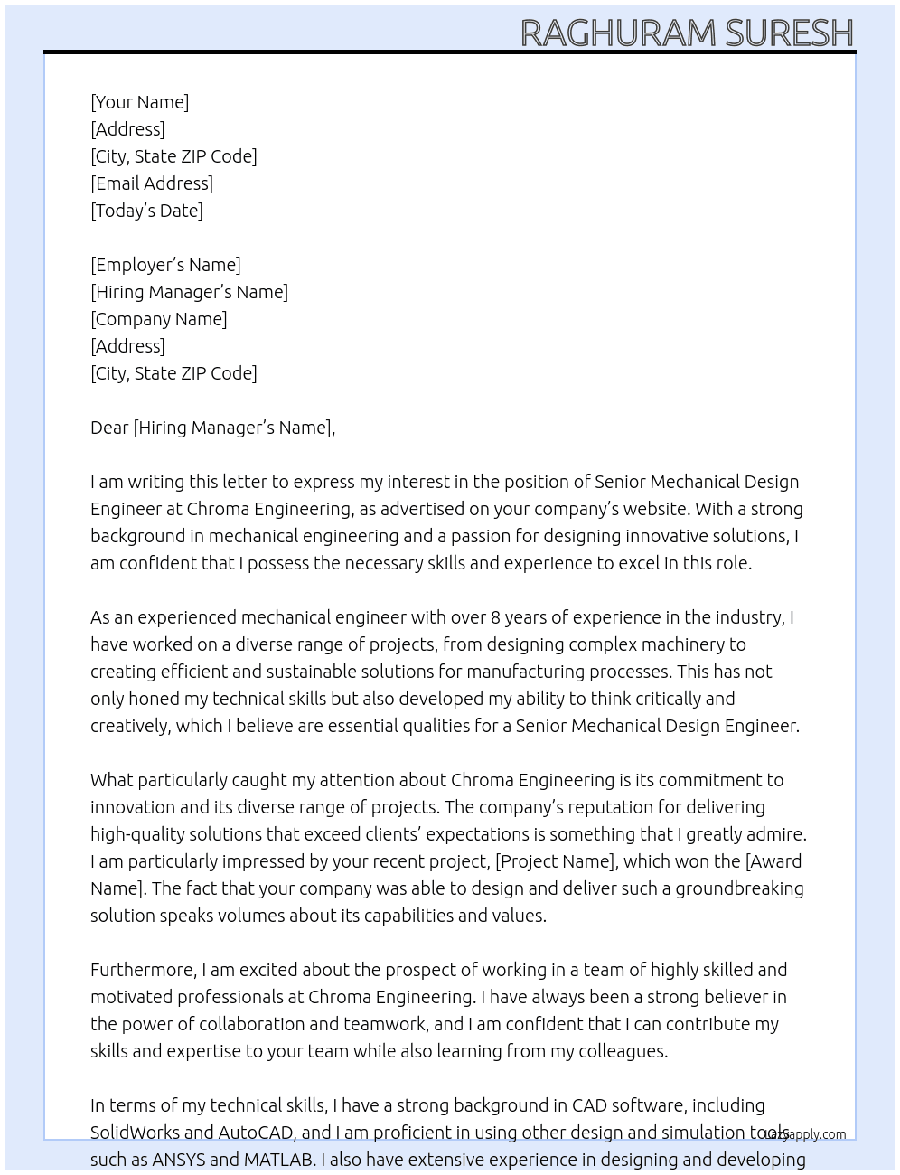 Cover letter for senior mechanical design engineer - LazyApply