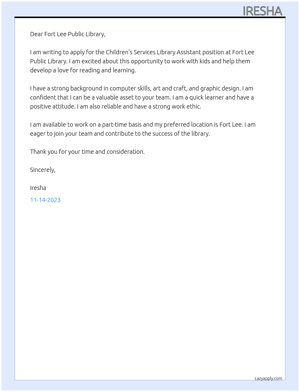 Children's Services Library Assistant At Fort Lee Public Library Cover Letter