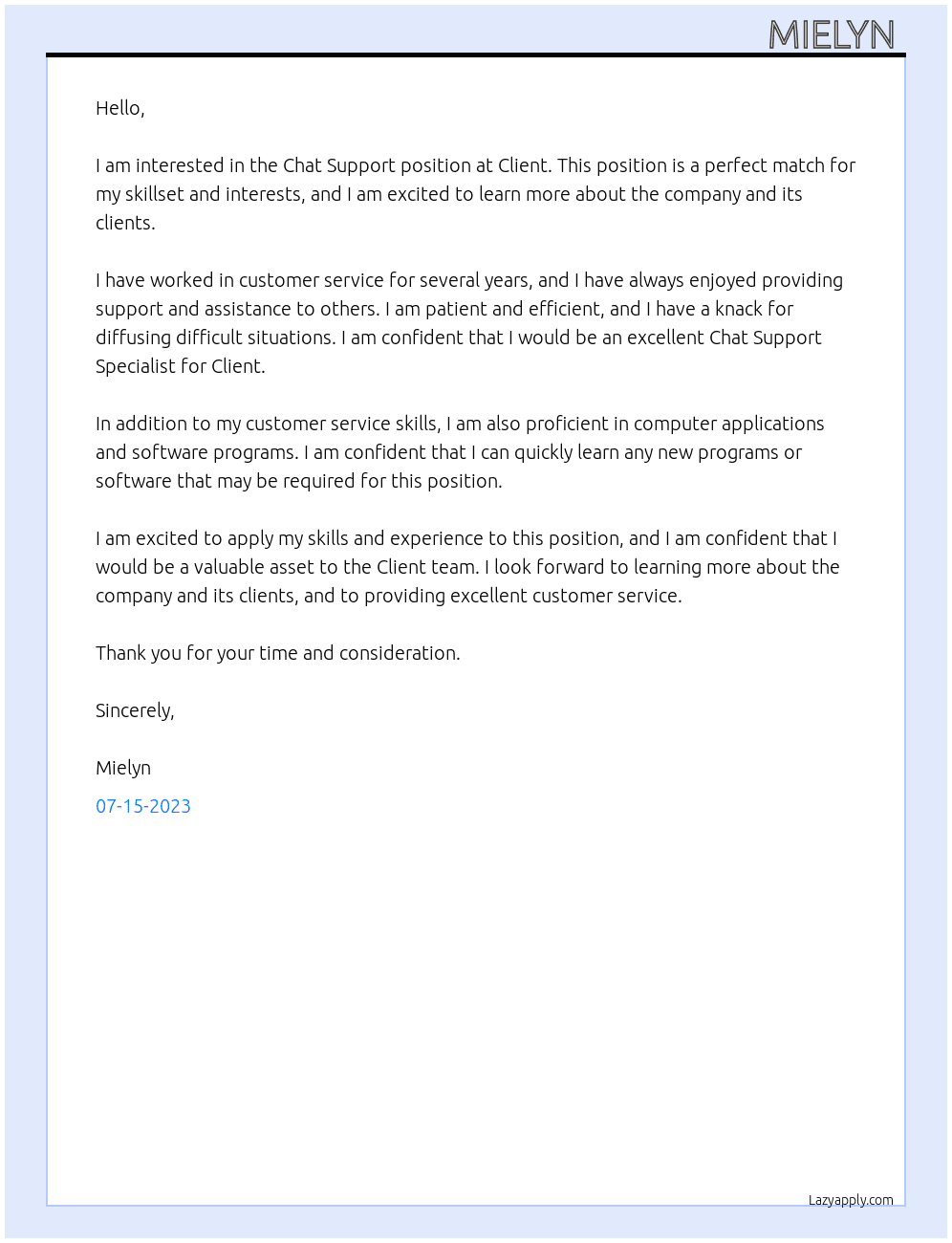 chat support  At client  Cover Letter