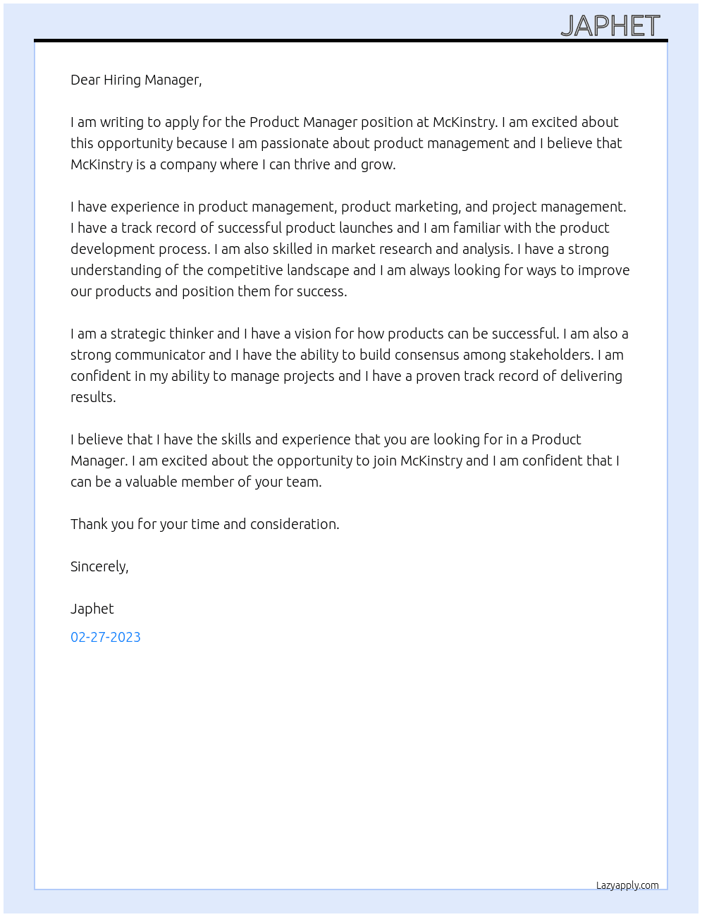 Product Manager At McKinstry Cover Letter