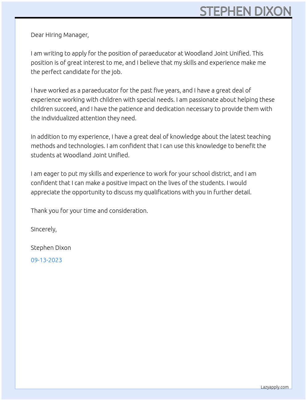 paraeducator At Woodland Joint Unified  Cover Letter