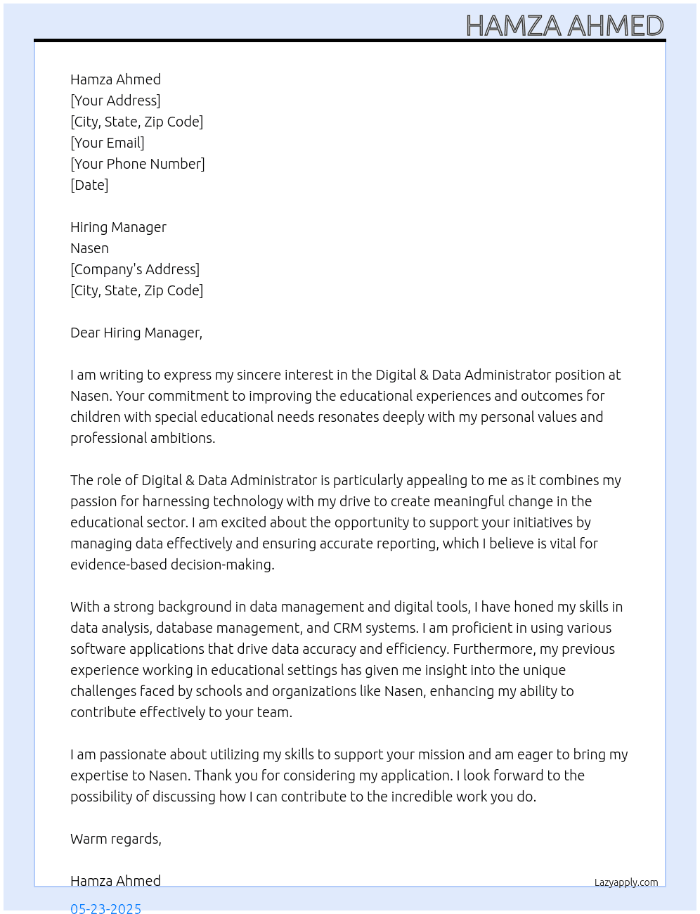 Digital & Data Administrator At Nasen Cover Letter