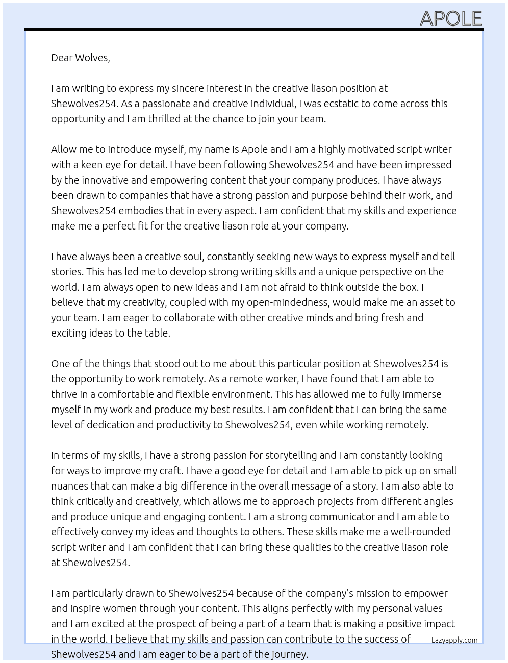 creative liason At Shewolves254 Cover Letter