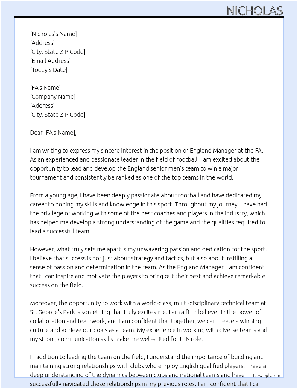 England Manager At FA Cover Letter