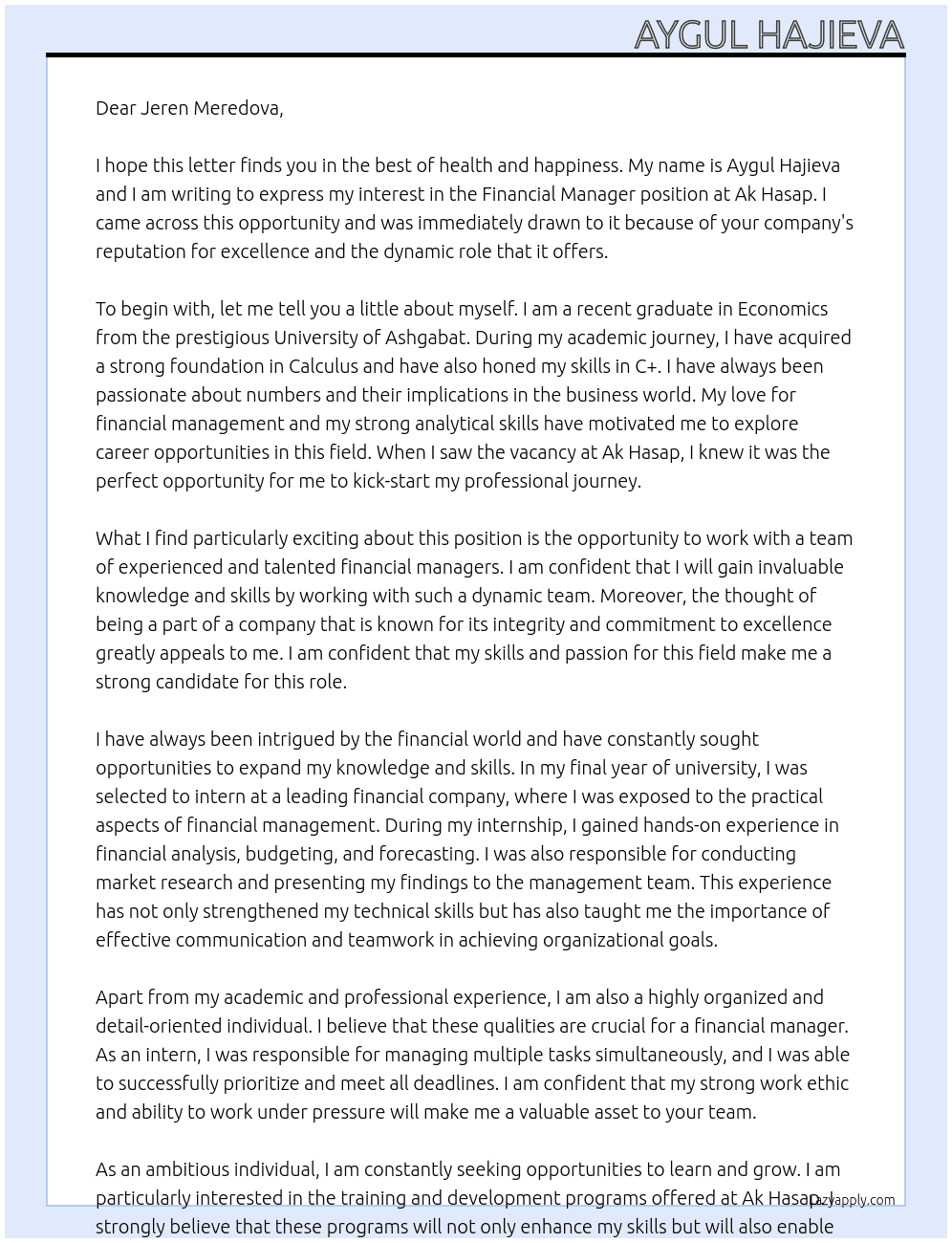 Financial Manager At Ak Hasap Cover Letter