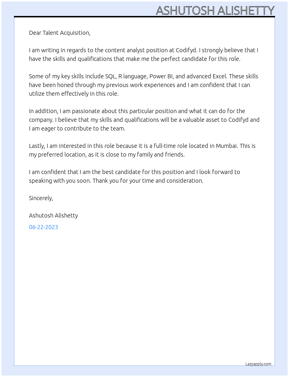 Content Analyst At Codifyd Cover Letter