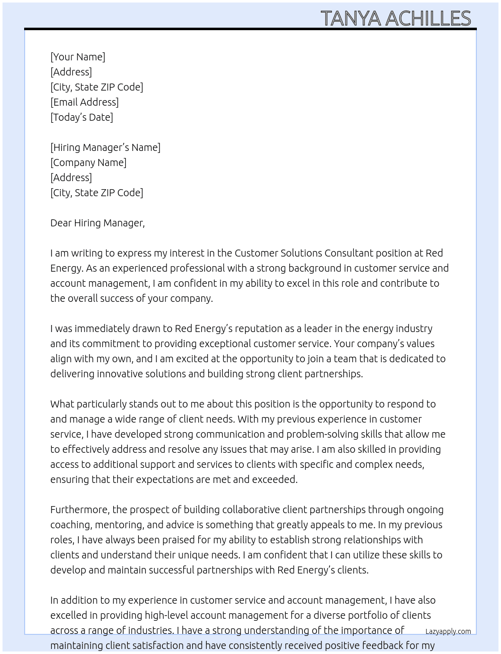 Customer Solutions Consultant At Red Energy Cover Letter