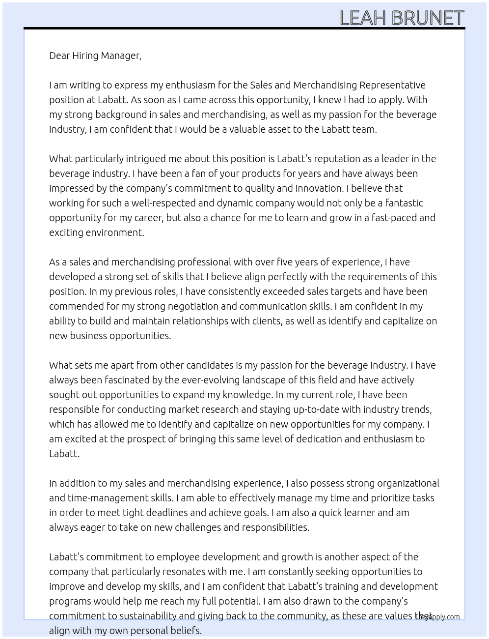 Sales and Merchandising Representative At Labatt Cover Letter
