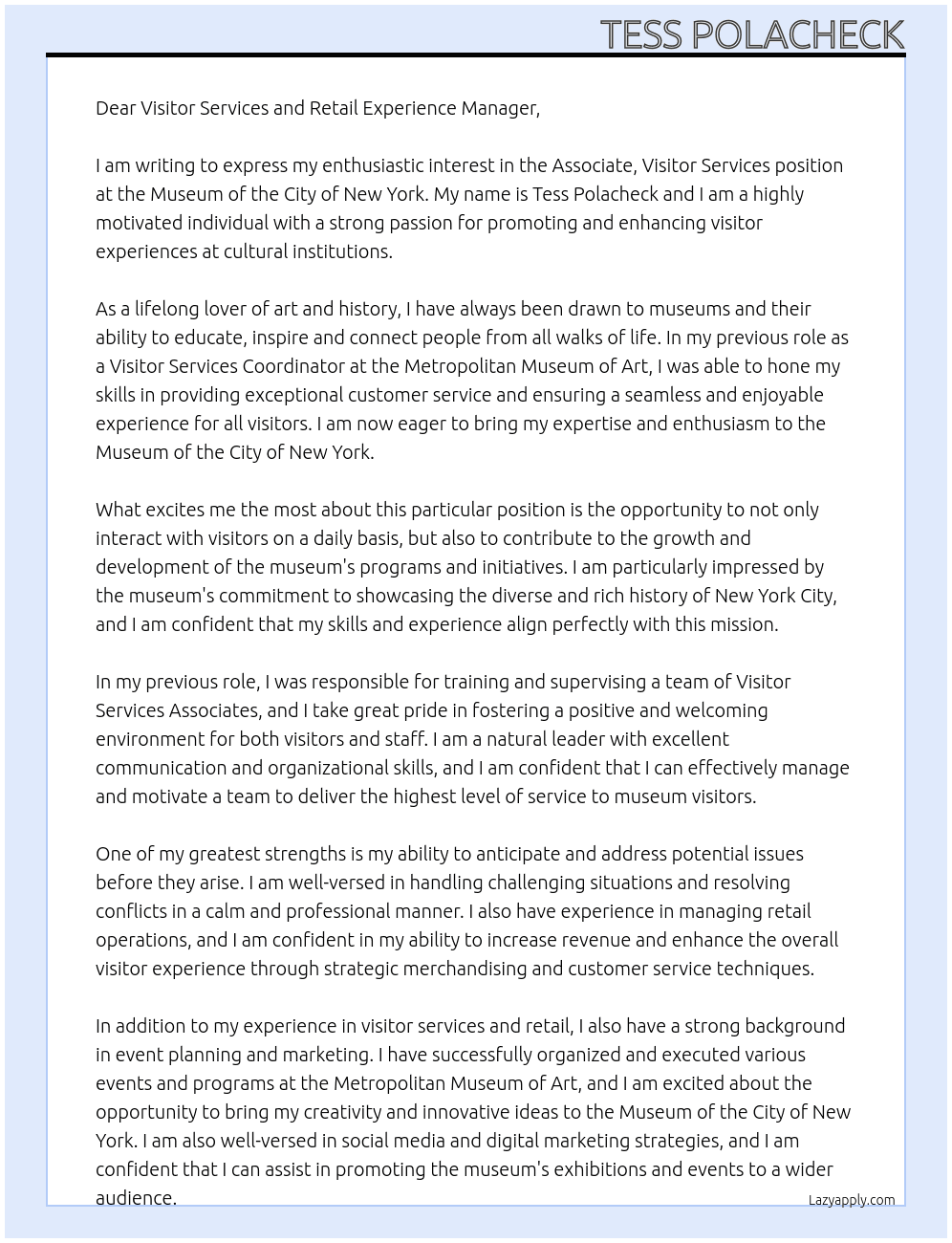 Associate, Visitor Services At Museum of the City of New York Cover Letter
