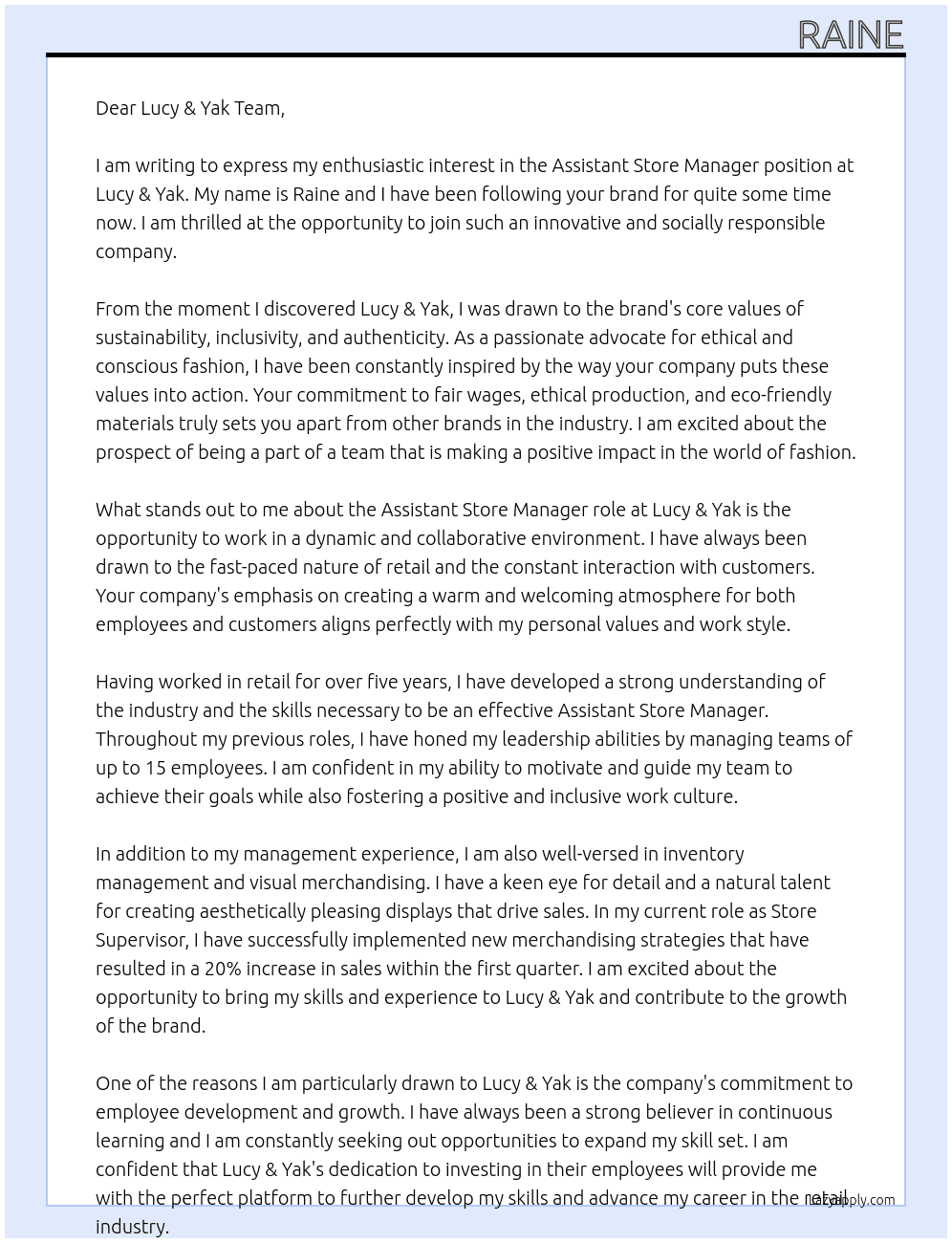 Assistant Store Manager At Lucy & Yak Cover Letter