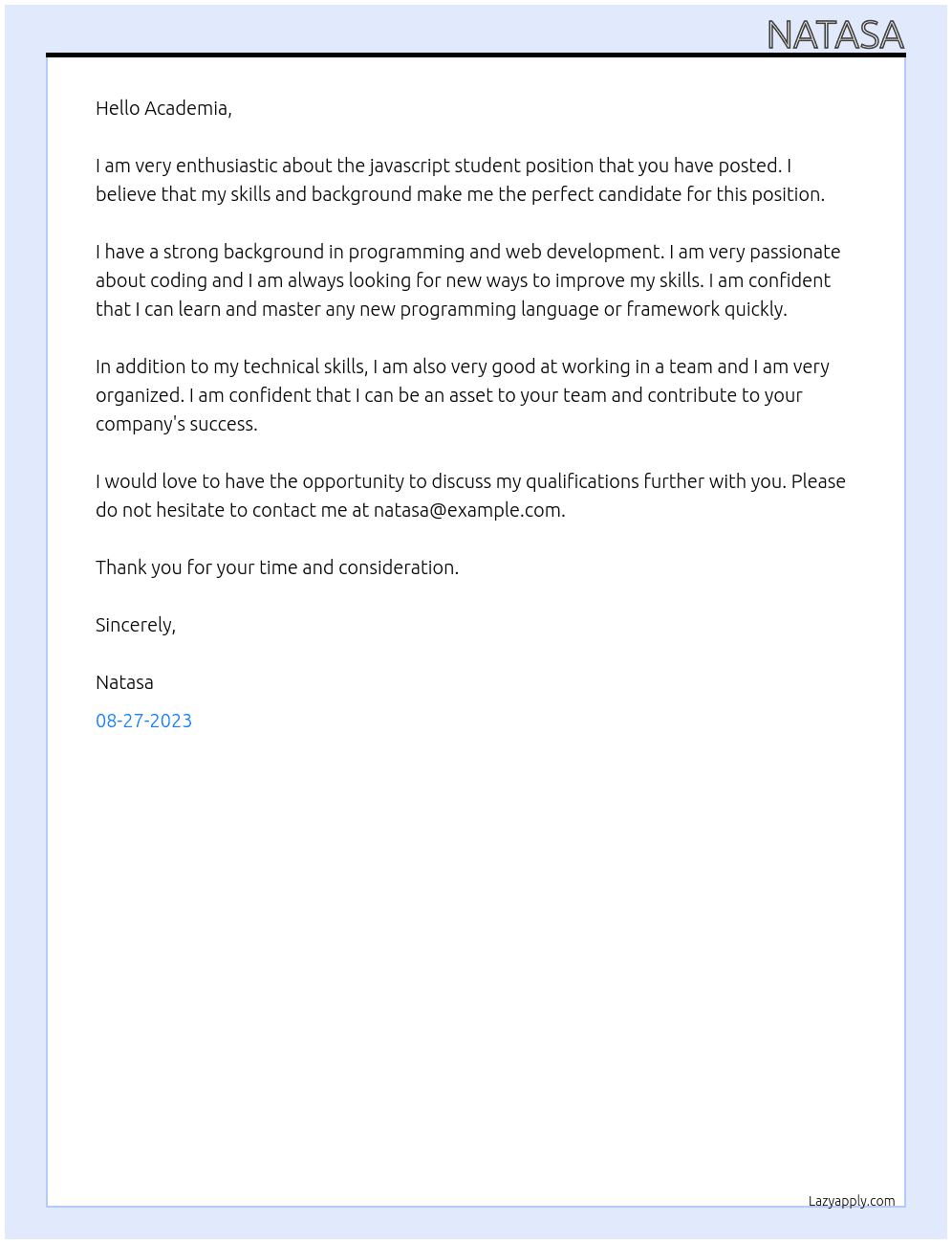 javascript student At Academia Cover Letter
