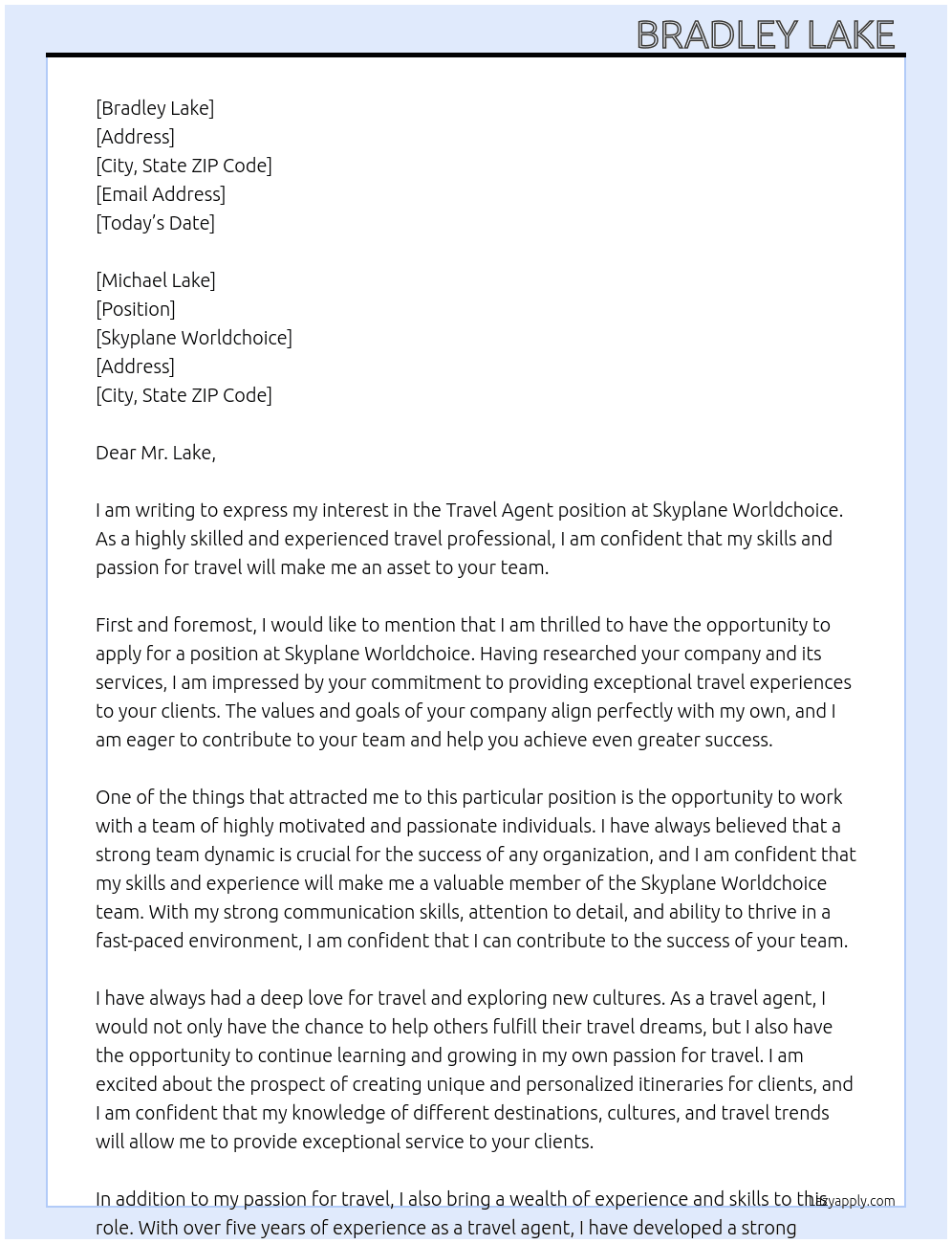 Travel Agent  At Skyplane Worldchoice  Cover Letter