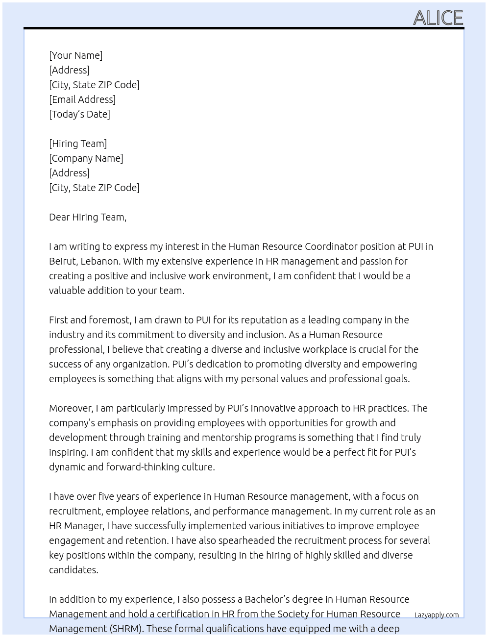 Human Resource Coordinator At PUI Cover Letter