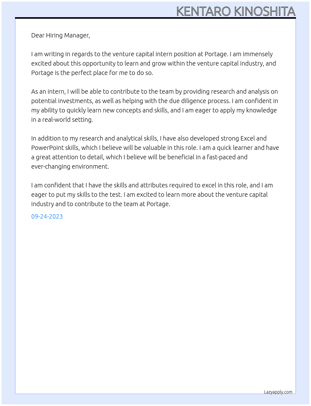 venture capital intern At Portage Cover Letter