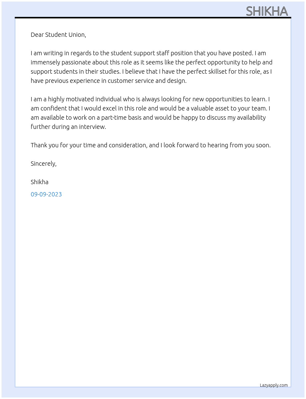 Student support staff At student union Cover Letter