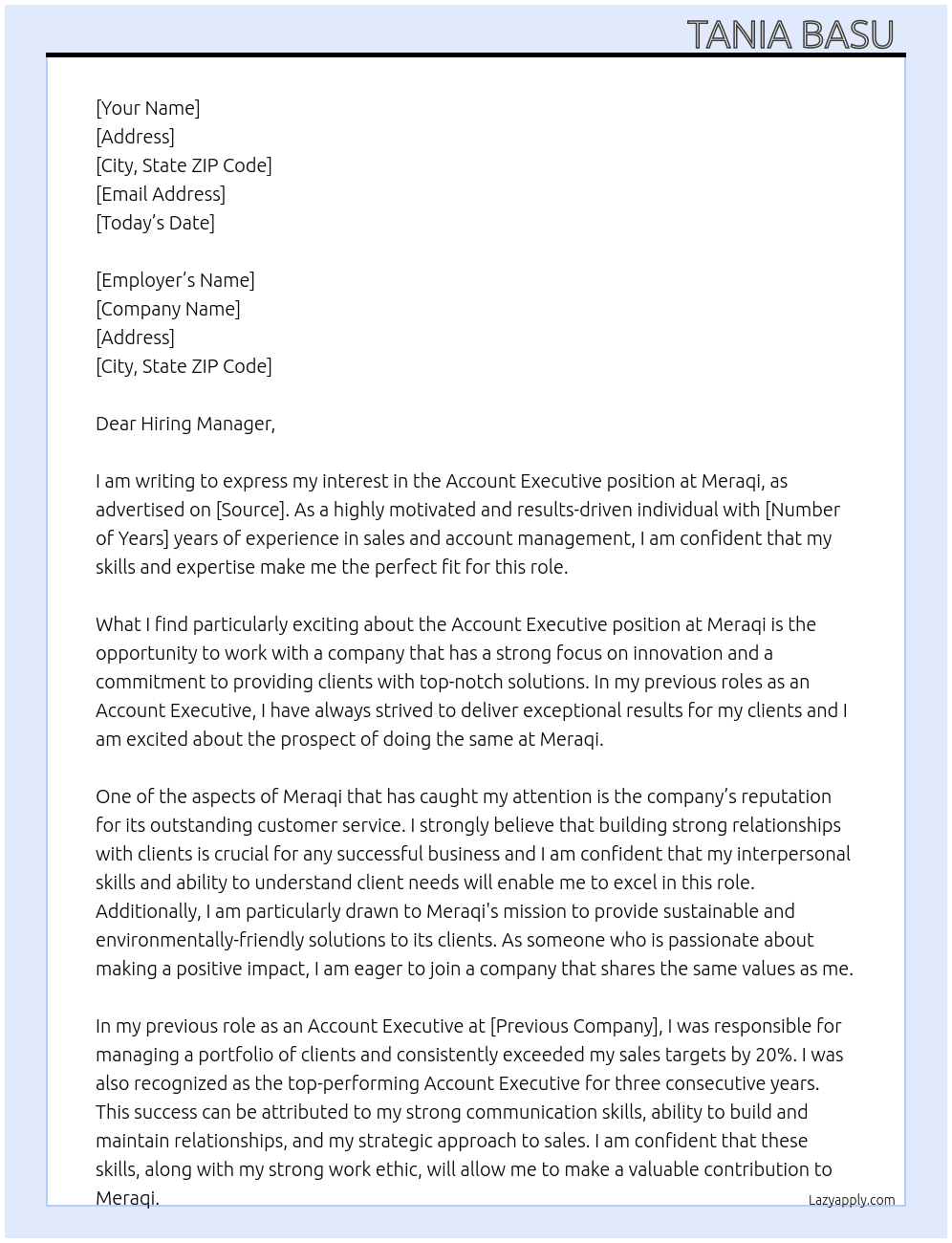 Account executive  At Meraqi Cover Letter