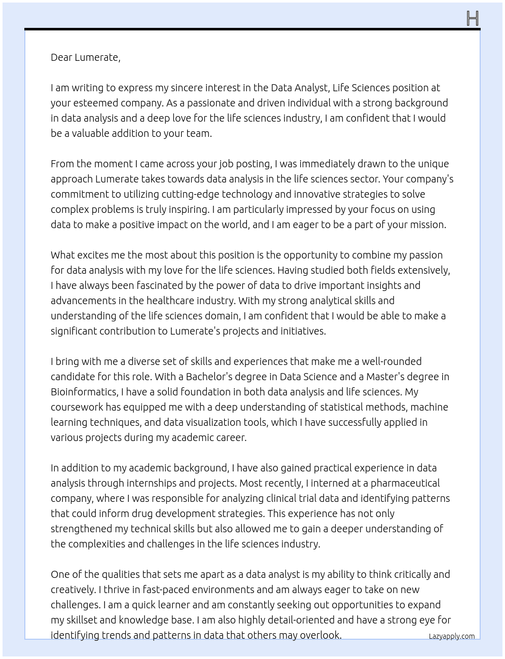 Data Analyst, Life Sciences At Lumerate Cover Letter