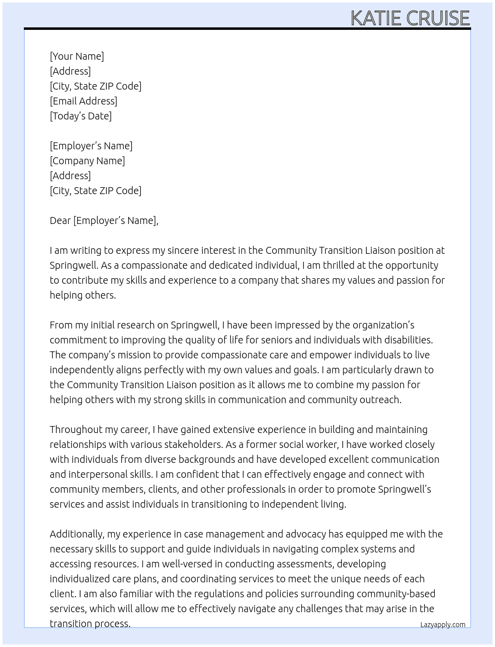 Community Transition Liaison At Springwell Cover Letter