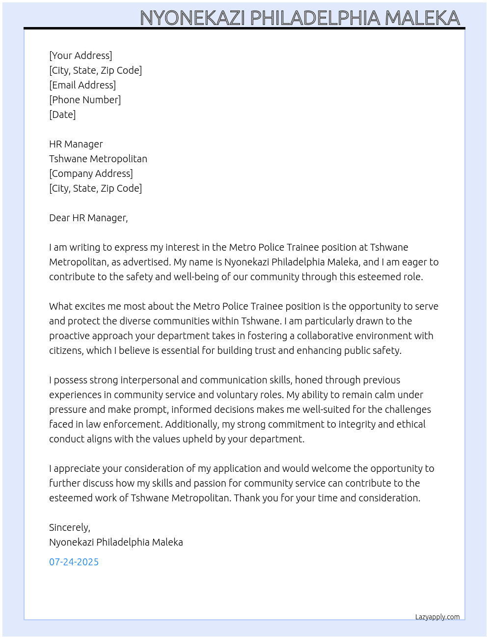 Metro Police Trainee At Tshwane Metropolitan  Cover Letter