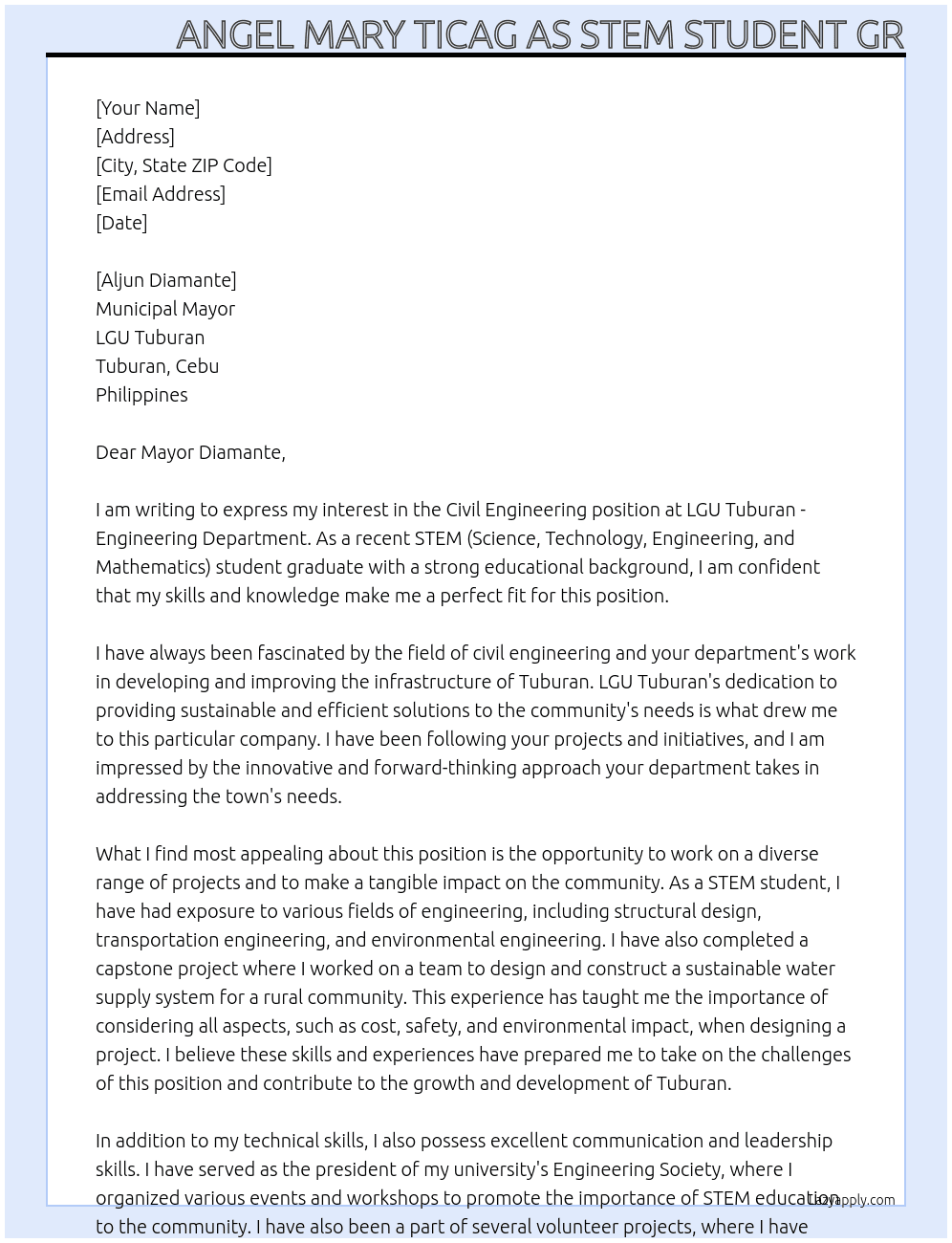 Civil engineering  At LGU TUBURAN- ENGINEERING DEPARTMENT  Cover Letter
