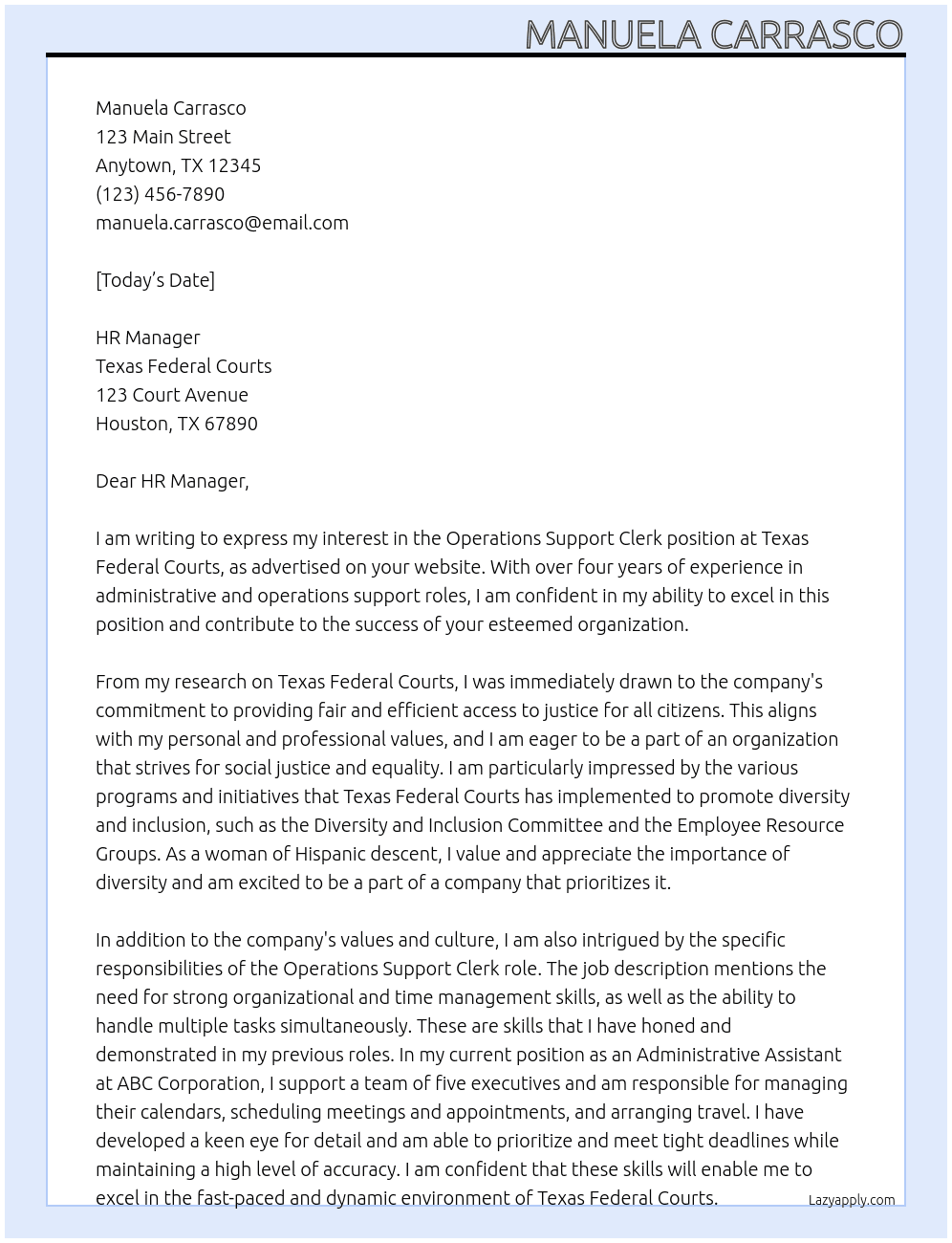 Operations support clerk At Texas Federal Courts  Cover Letter