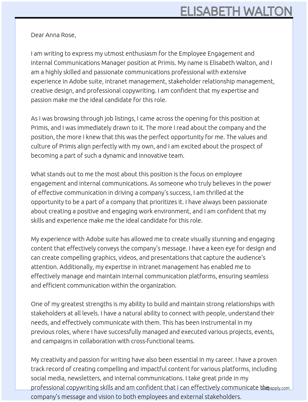 Employee Engagement and Internal Communications Manager At Primis Cover Letter