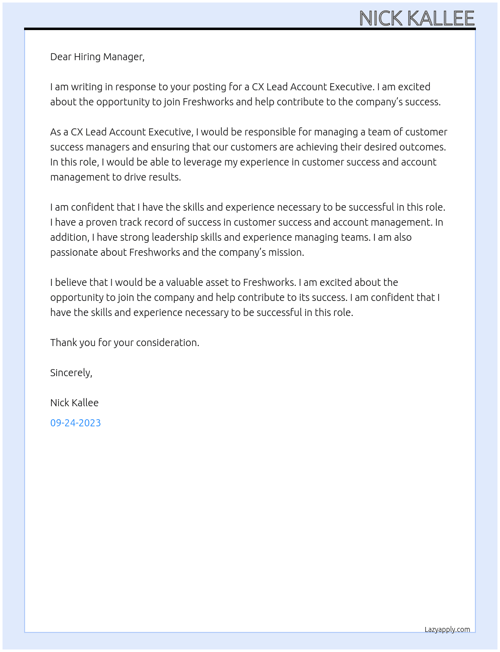 CX Lead Account Executive At Freshworks Cover Letter