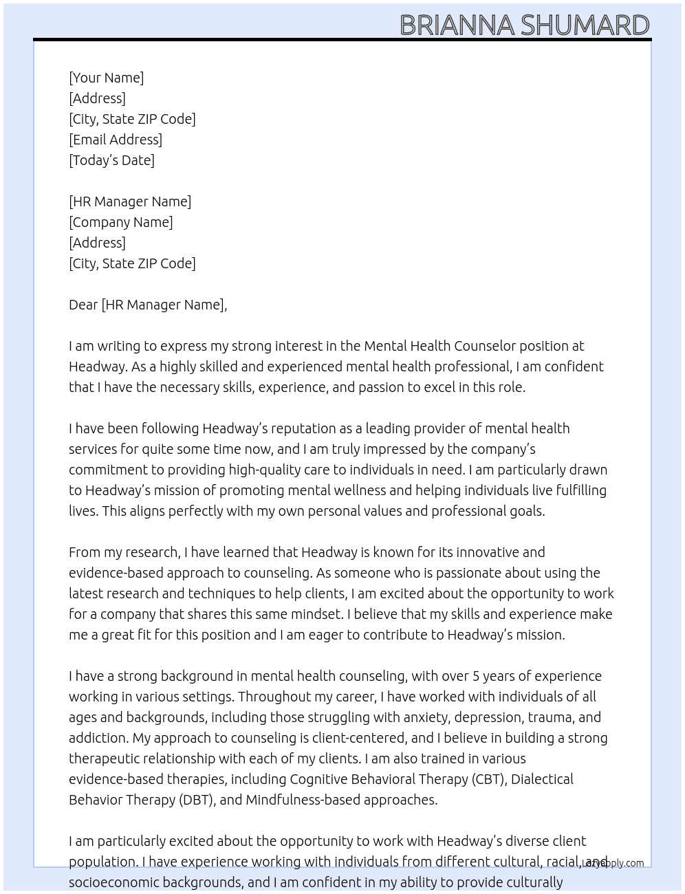 Mental Health Counselor At Headway Cover Letter