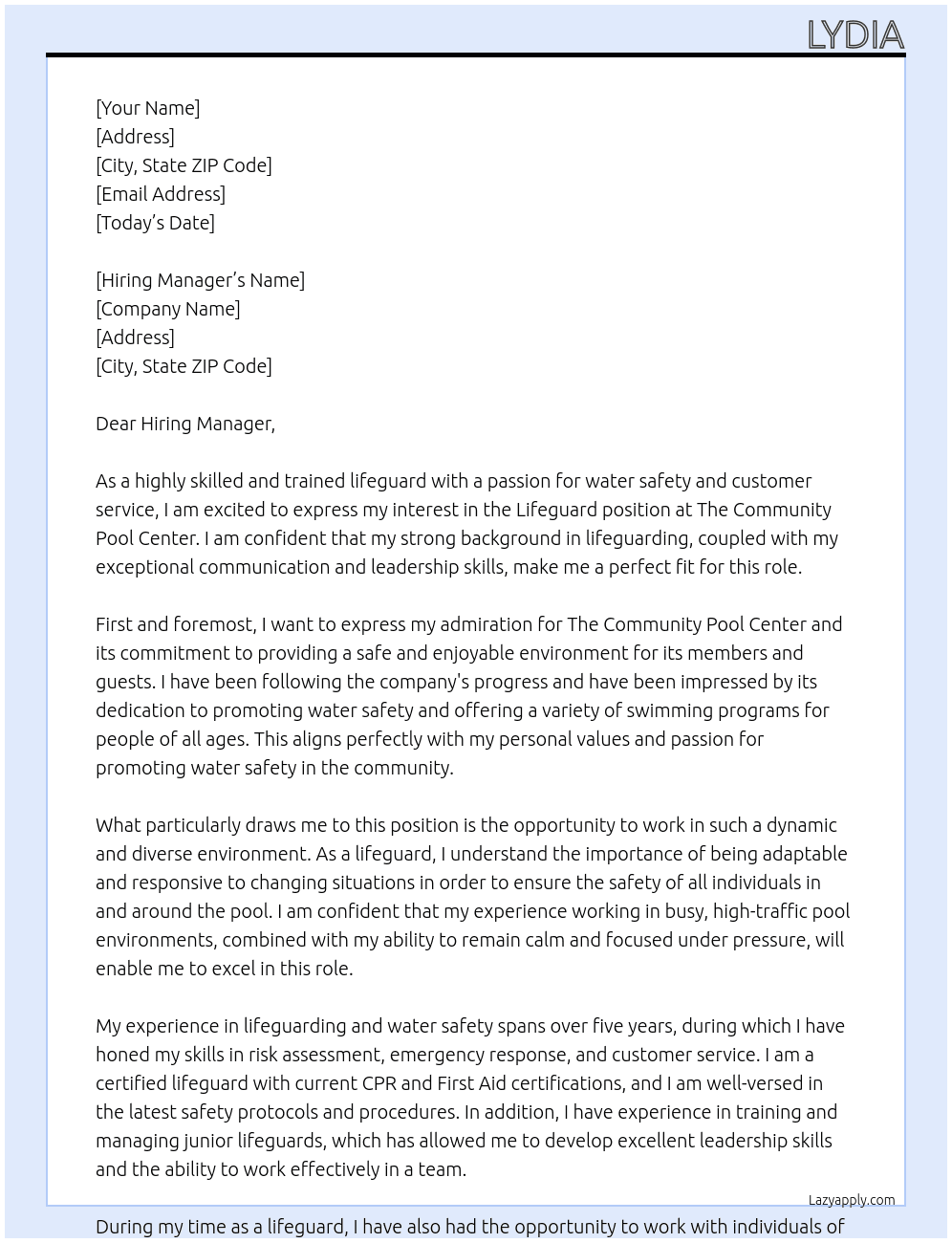 life guard  At The Community Pool Center Cover Letter