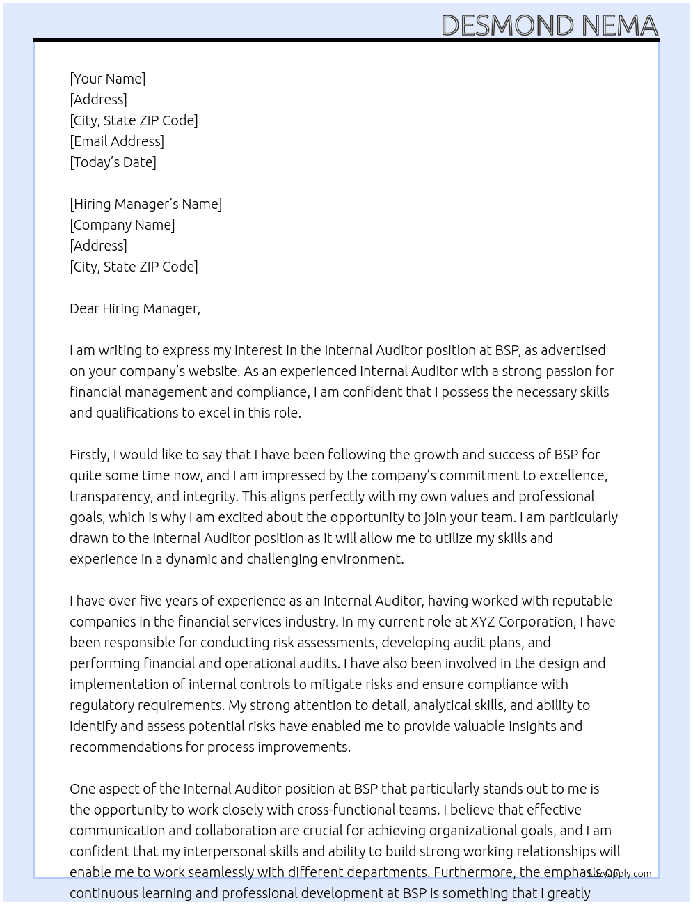 INTERNAL AUDITOR At BSP Cover Letter