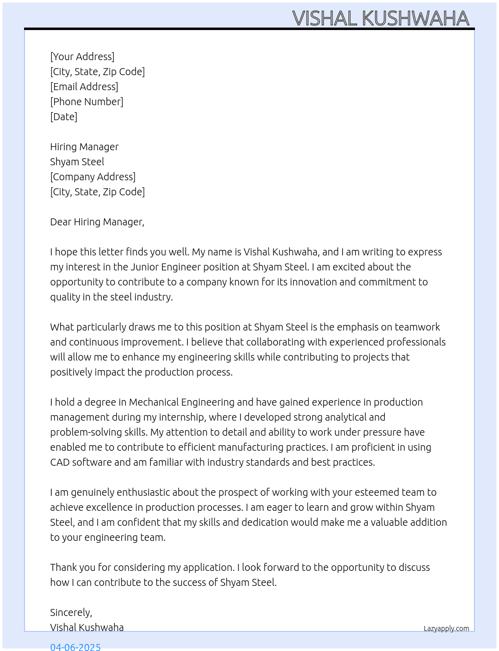 Junior engineer At Shyam Steel Cover Letter